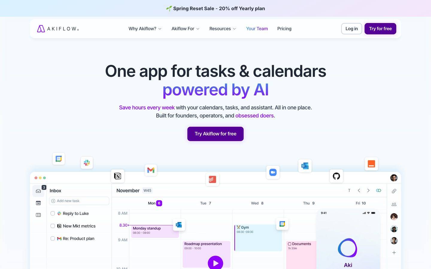 Akiflow homepage design, full-page screenshot