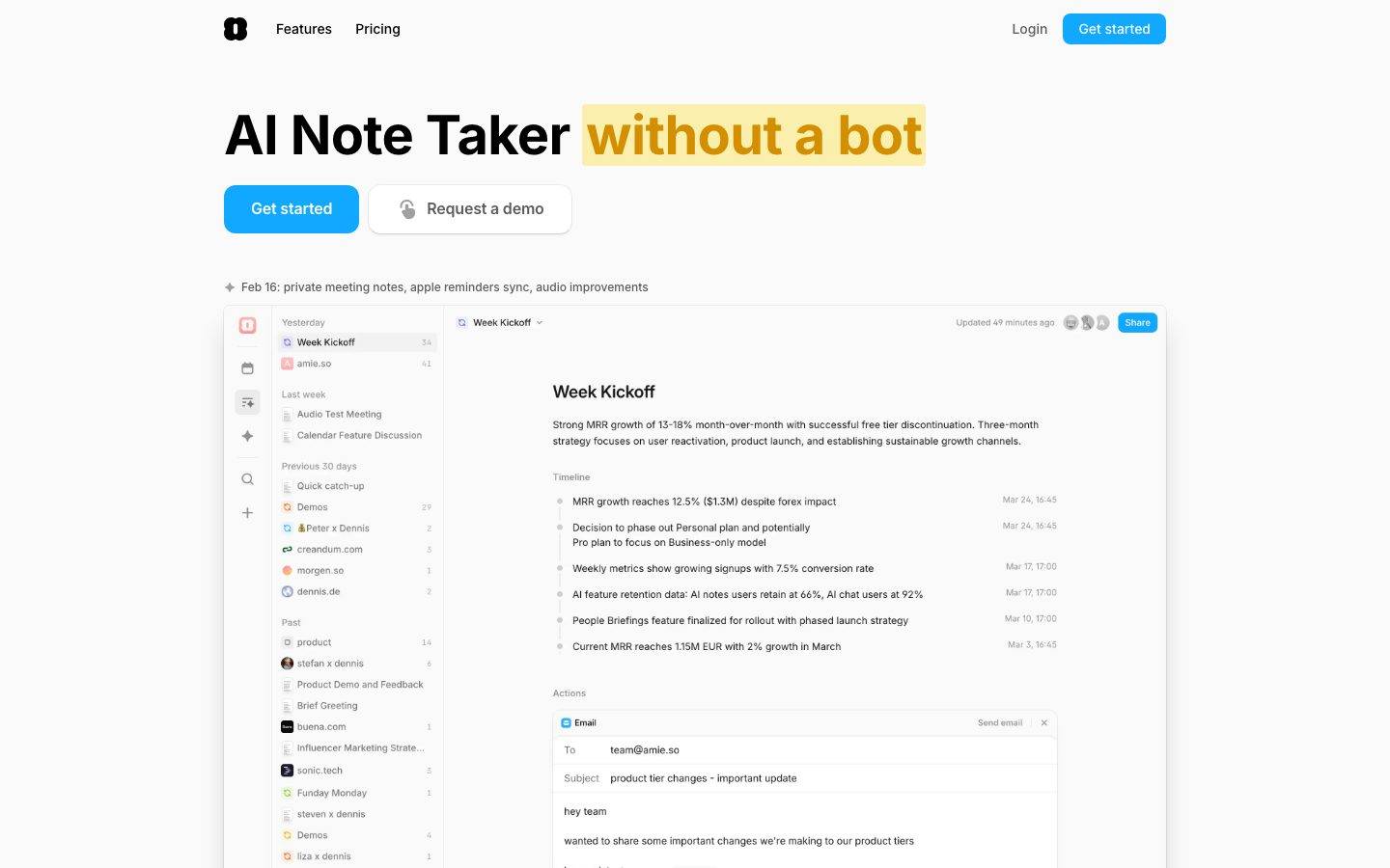 Amie homepage design, full-page screenshot