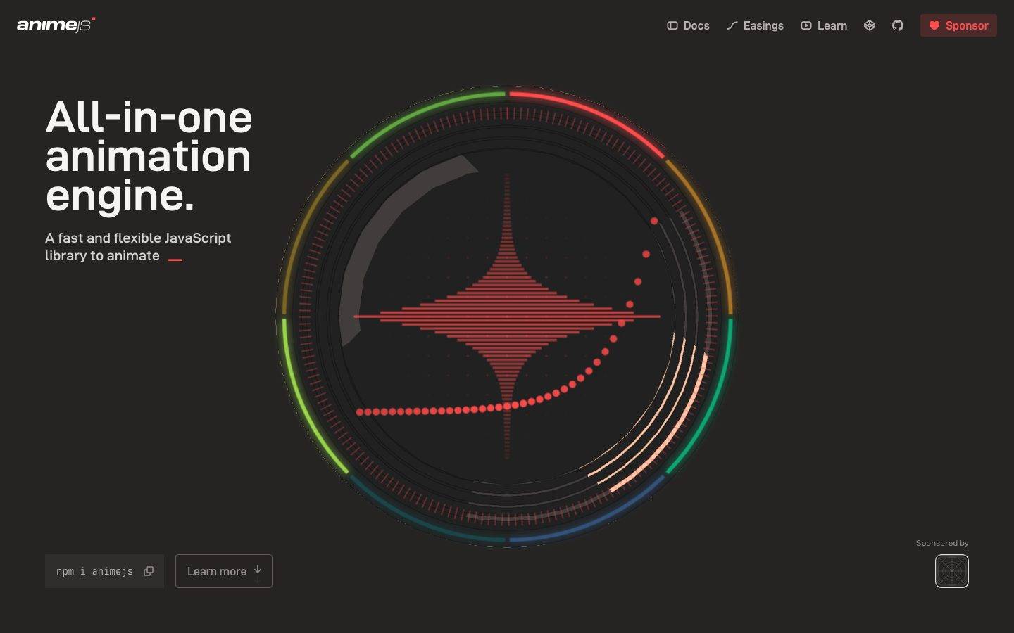 AnimeJS homepage design, full-page screenshot