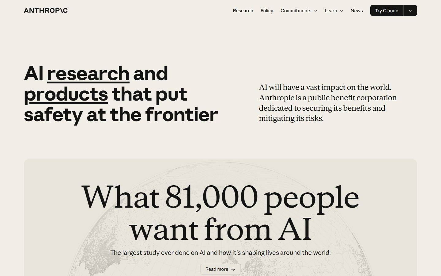 Anthropic homepage design, full-page screenshot