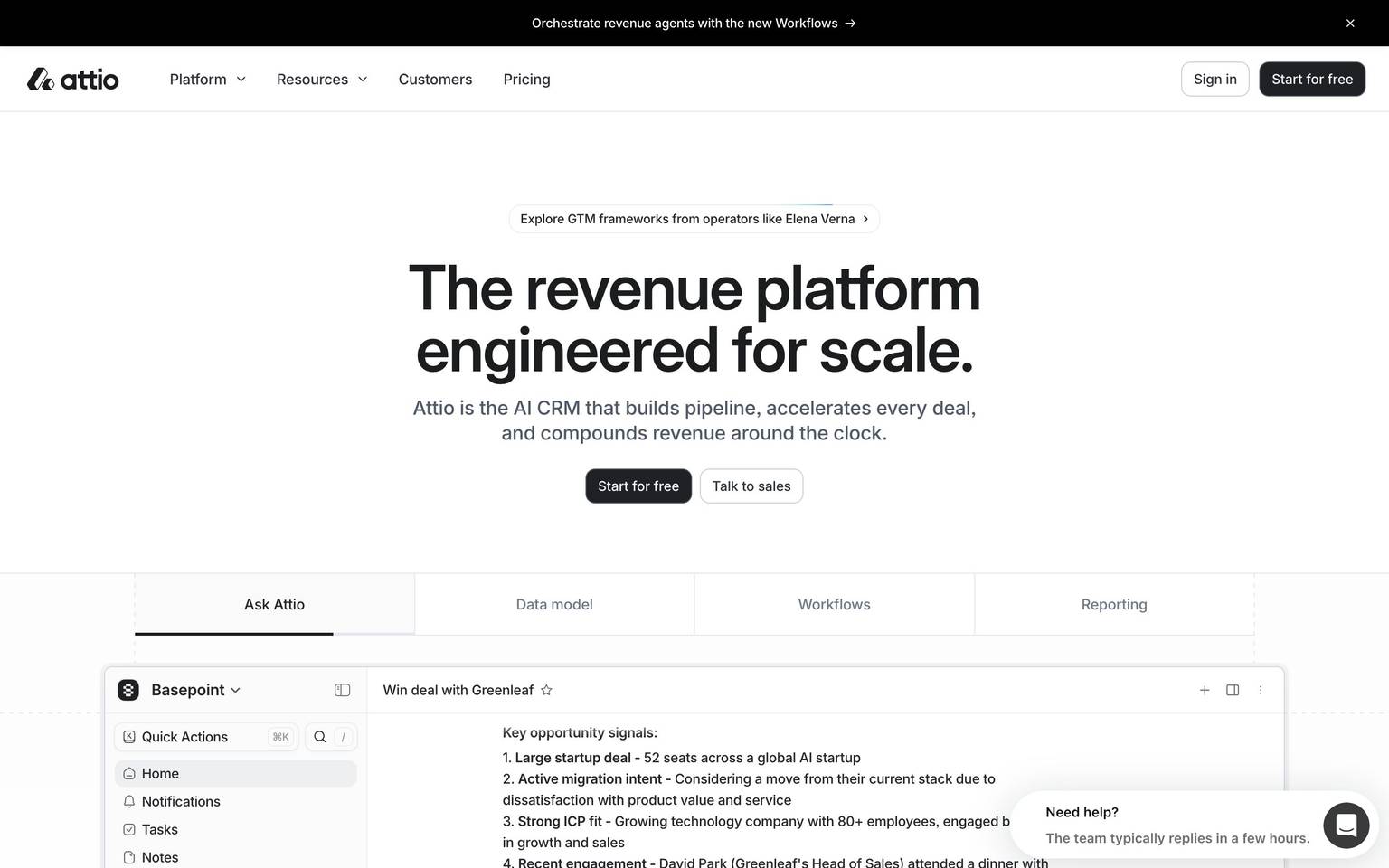 Attio homepage design, full-page screenshot