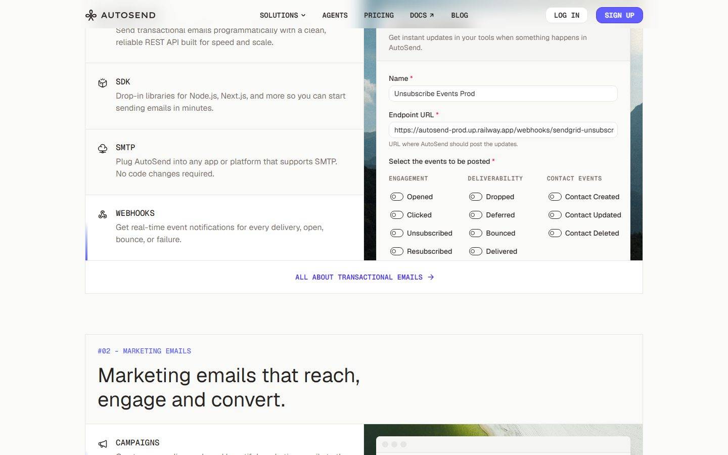 AutoSend homepage design, full-page screenshot