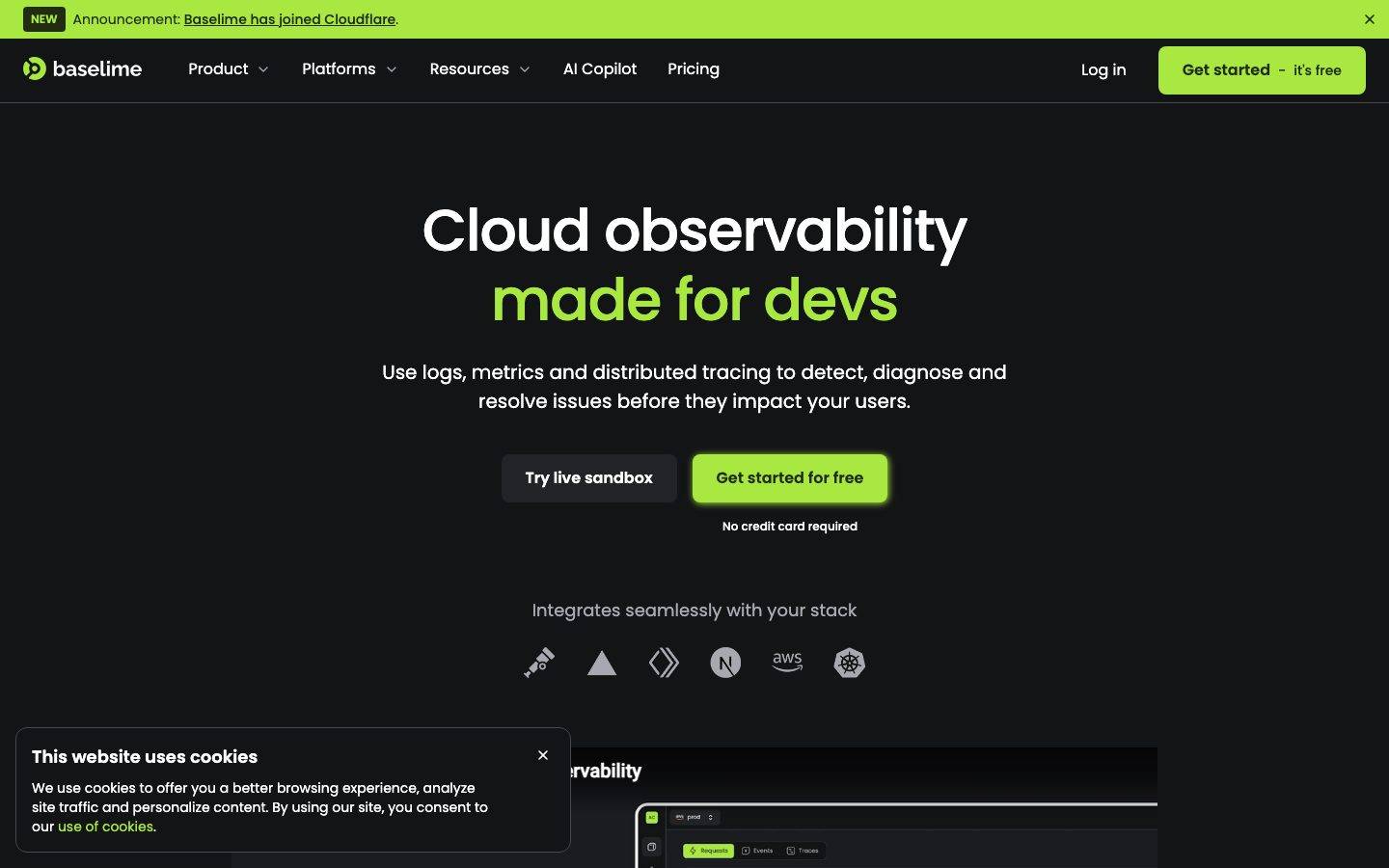 Baselime homepage design, full-page screenshot