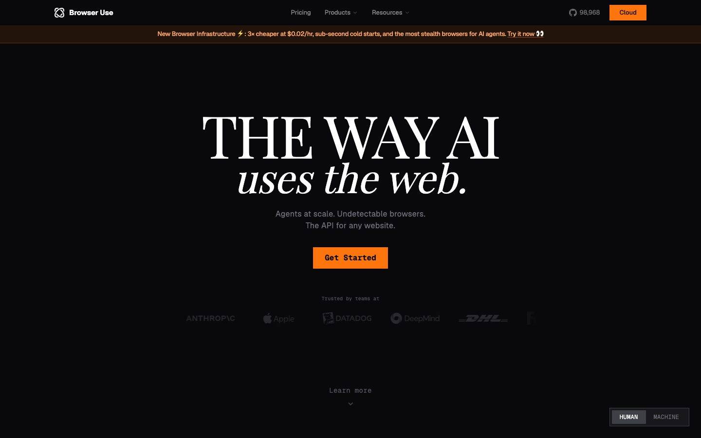 Browser-Use homepage design, full-page screenshot