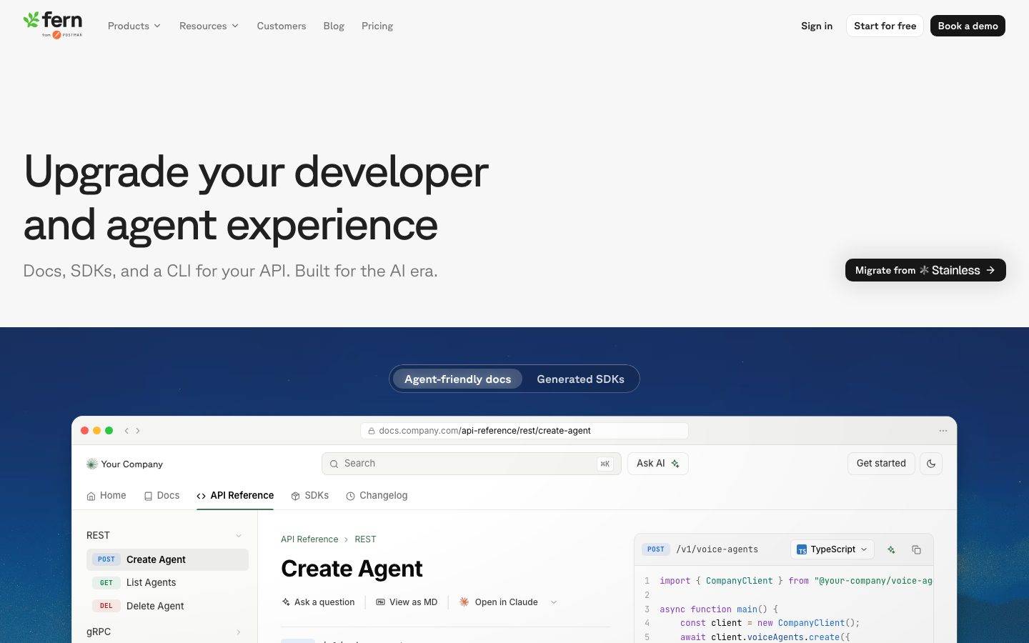 BuildWithFern homepage design, full-page screenshot