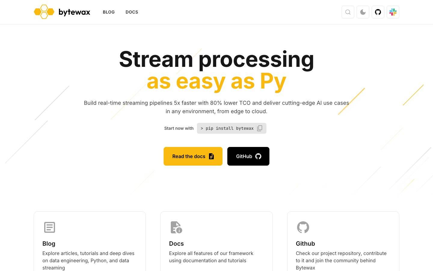 Bytewax homepage design, full-page screenshot