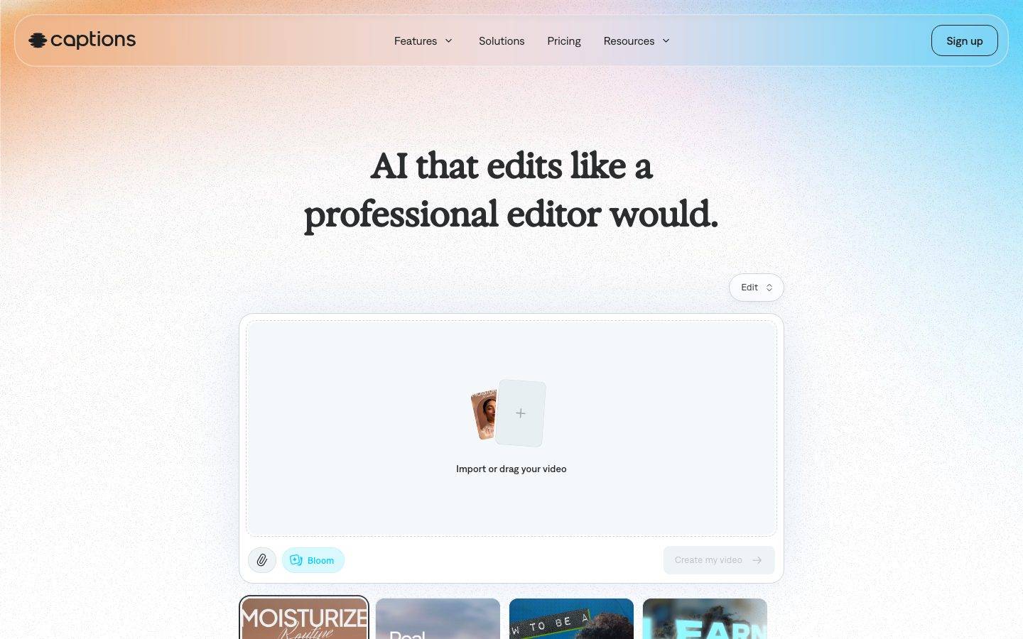 Captions homepage design, full-page screenshot