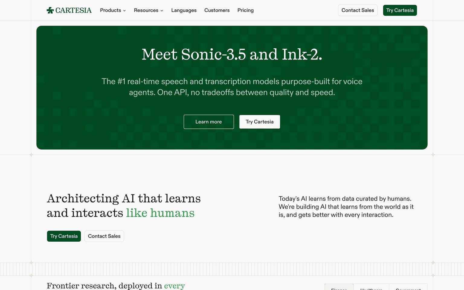 Cartesia homepage design, full-page screenshot