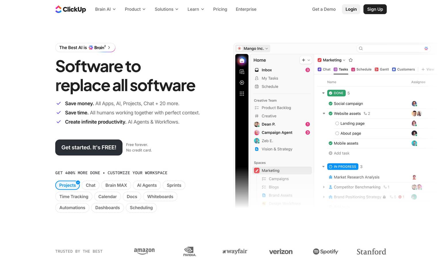 ClickUp homepage design, full-page screenshot