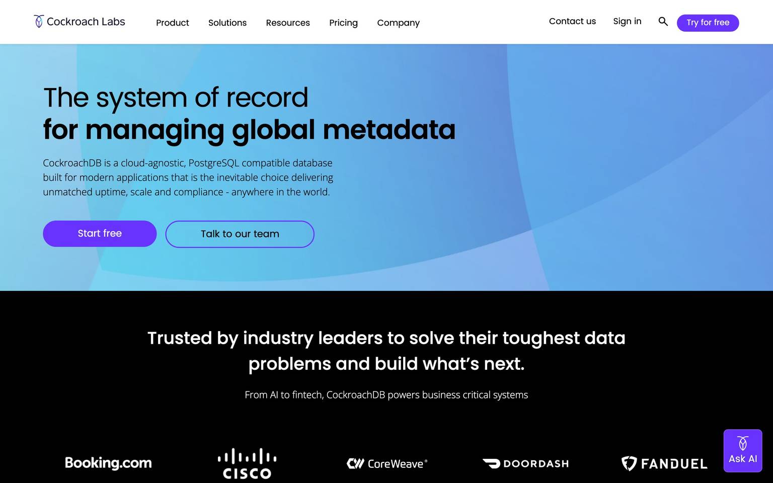 CockroachLabs homepage design, full-page screenshot