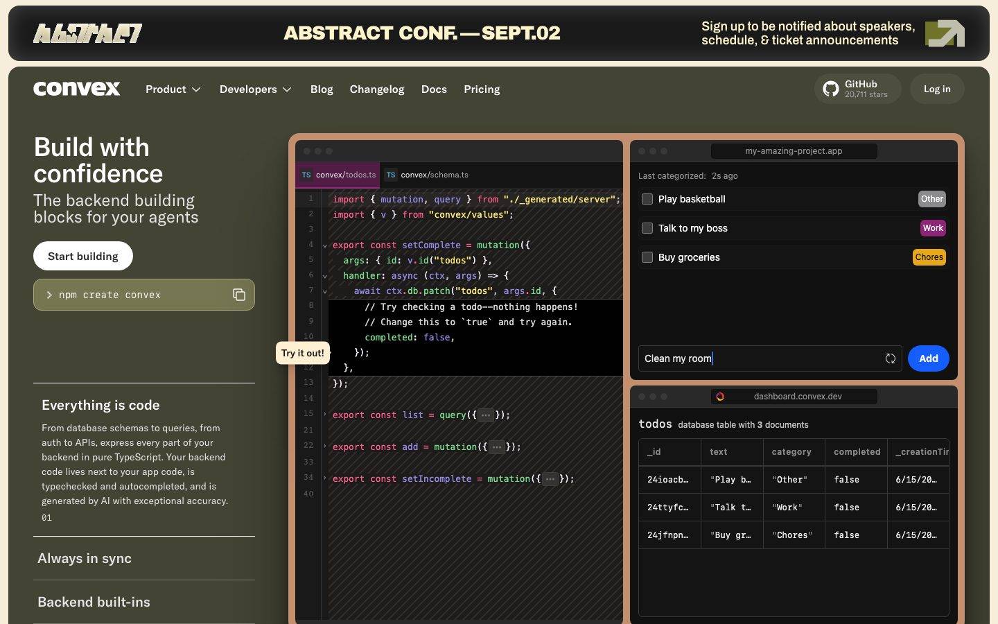 Convex homepage design, full-page screenshot