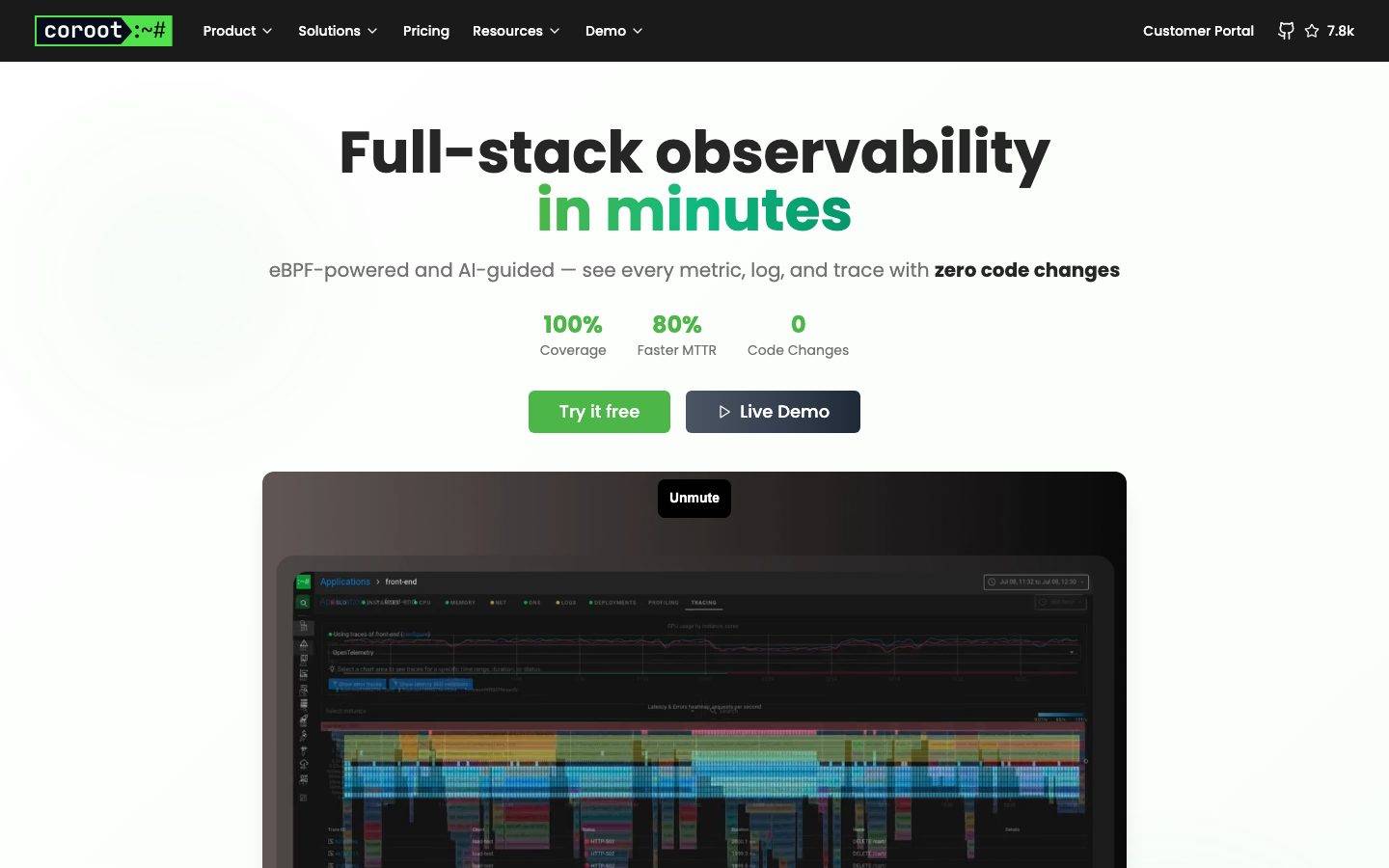 Coroot homepage design, full-page screenshot