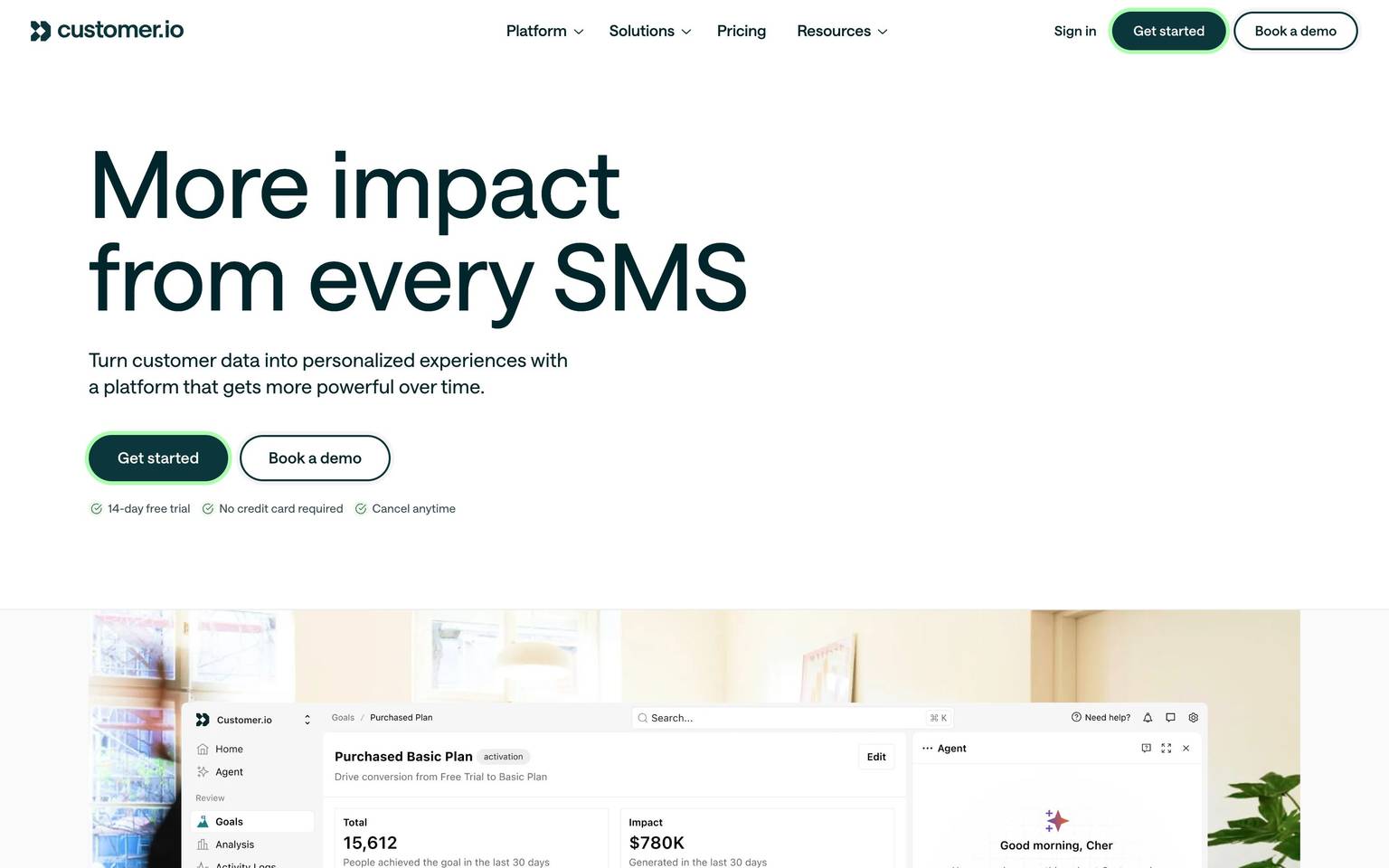 Customer.io homepage design, full-page screenshot