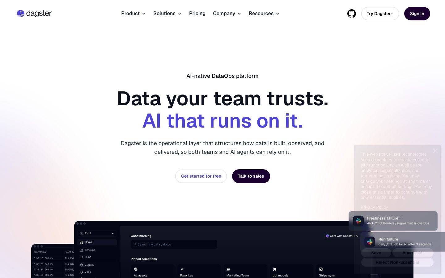 Dagster homepage design, full-page screenshot