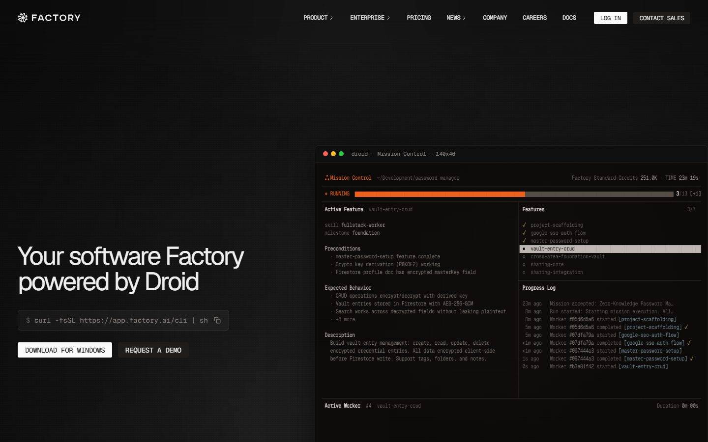 Factory.ai homepage design, full-page screenshot