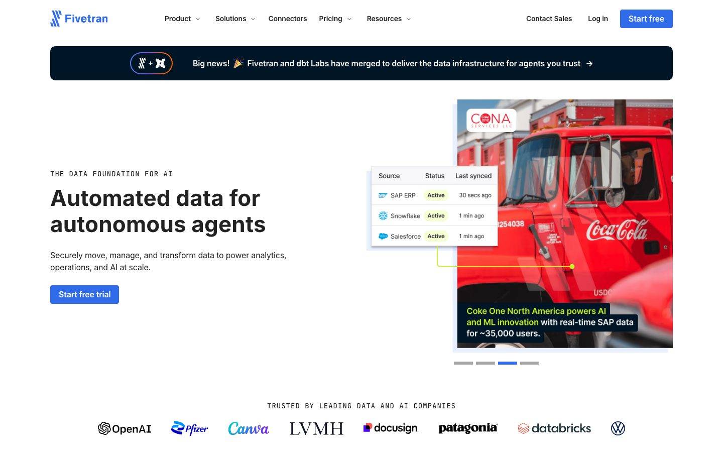 Fivetran homepage design, full-page screenshot