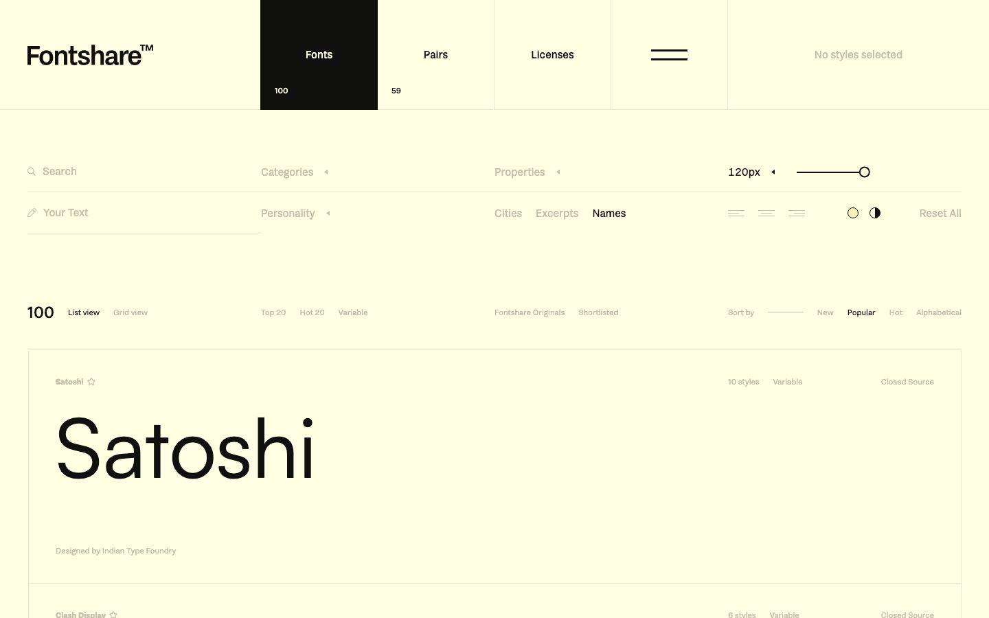 Fontshare homepage design, full-page screenshot