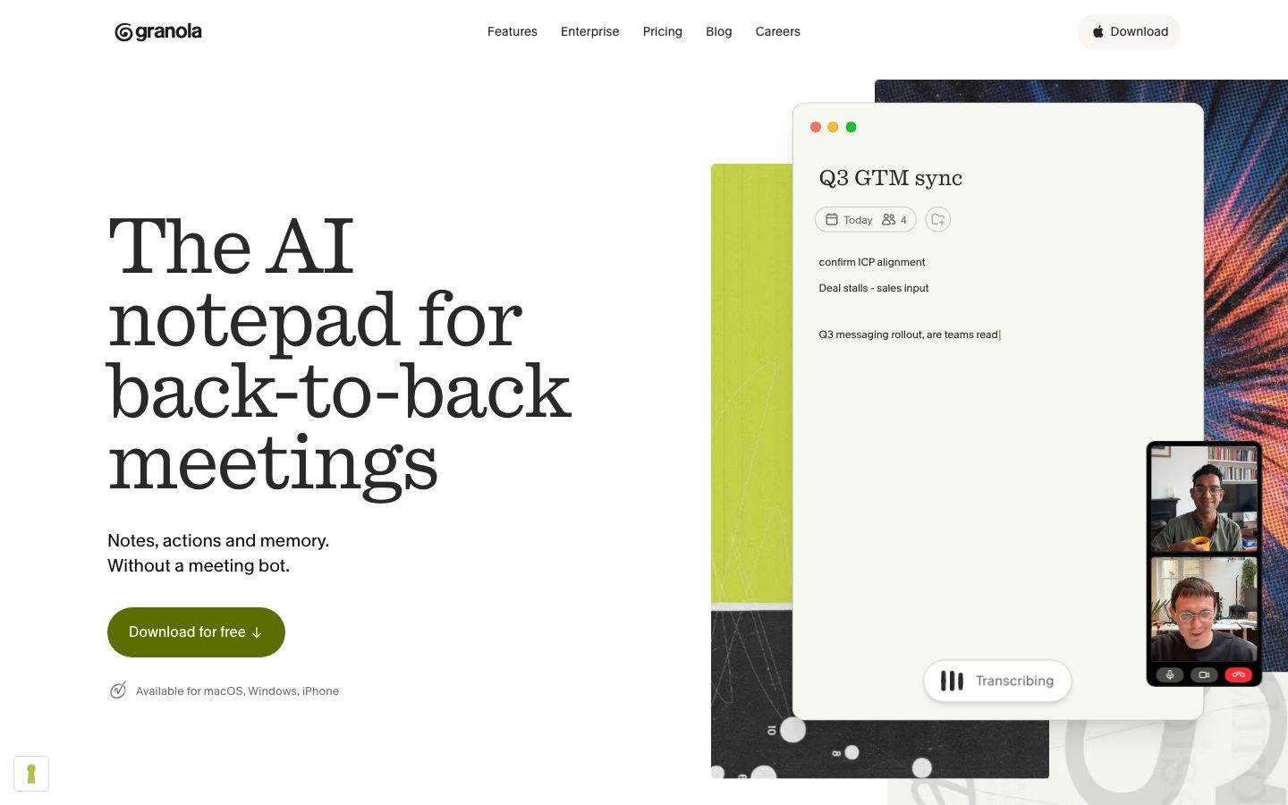 Granola homepage design, full-page screenshot