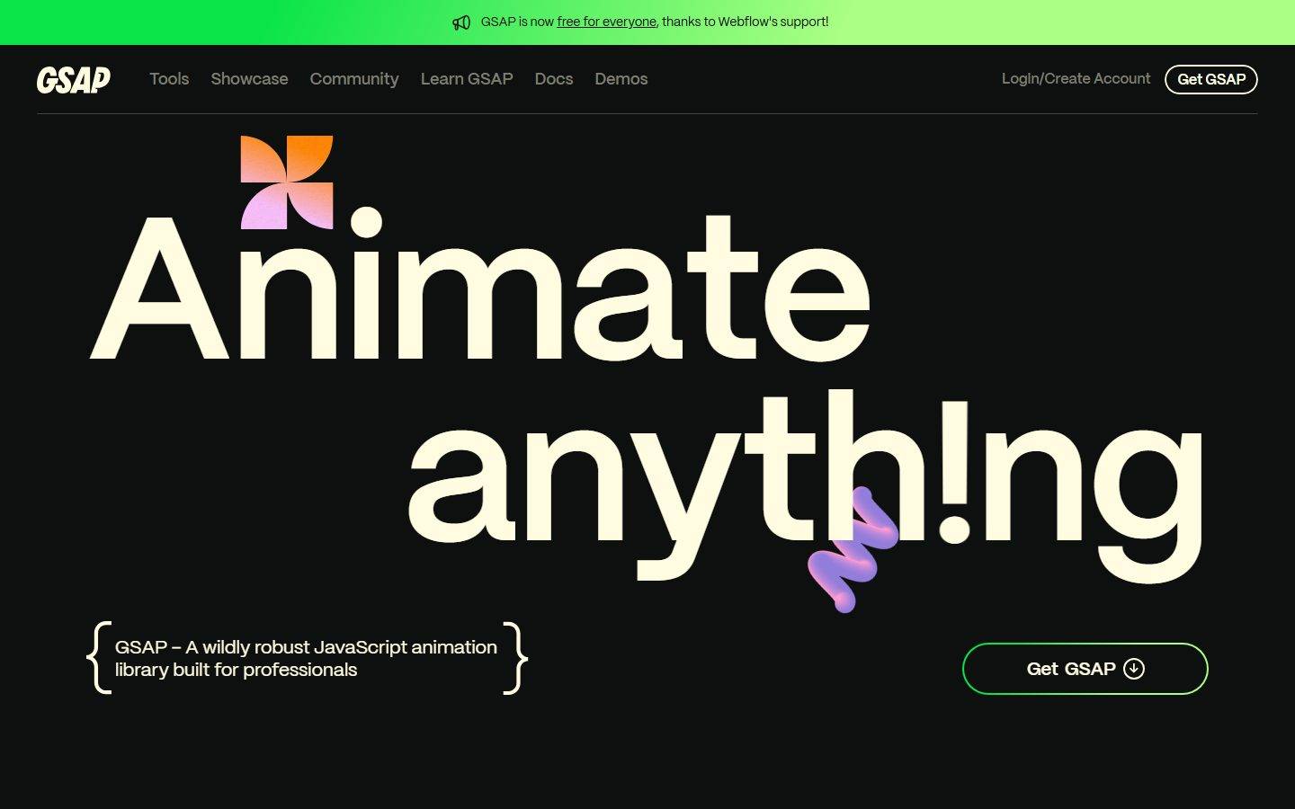 GSAP homepage design, full-page screenshot