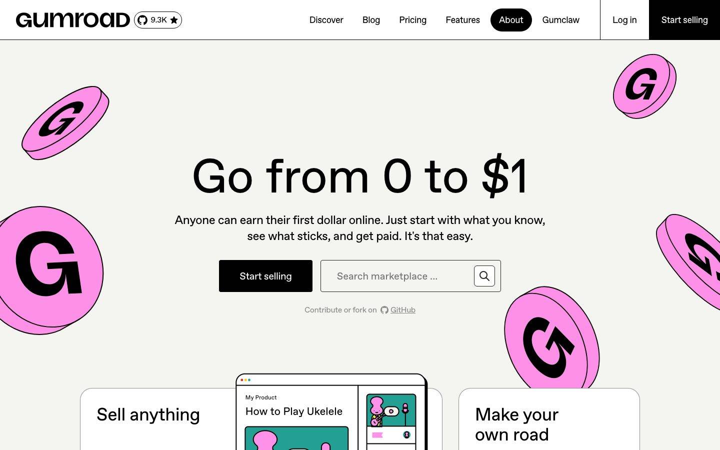 Gumroad homepage design, full-page screenshot