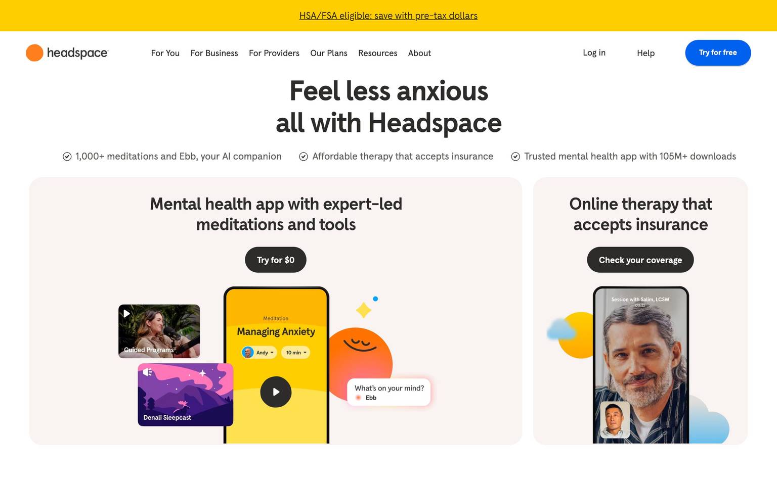 Headspace homepage design, full-page screenshot