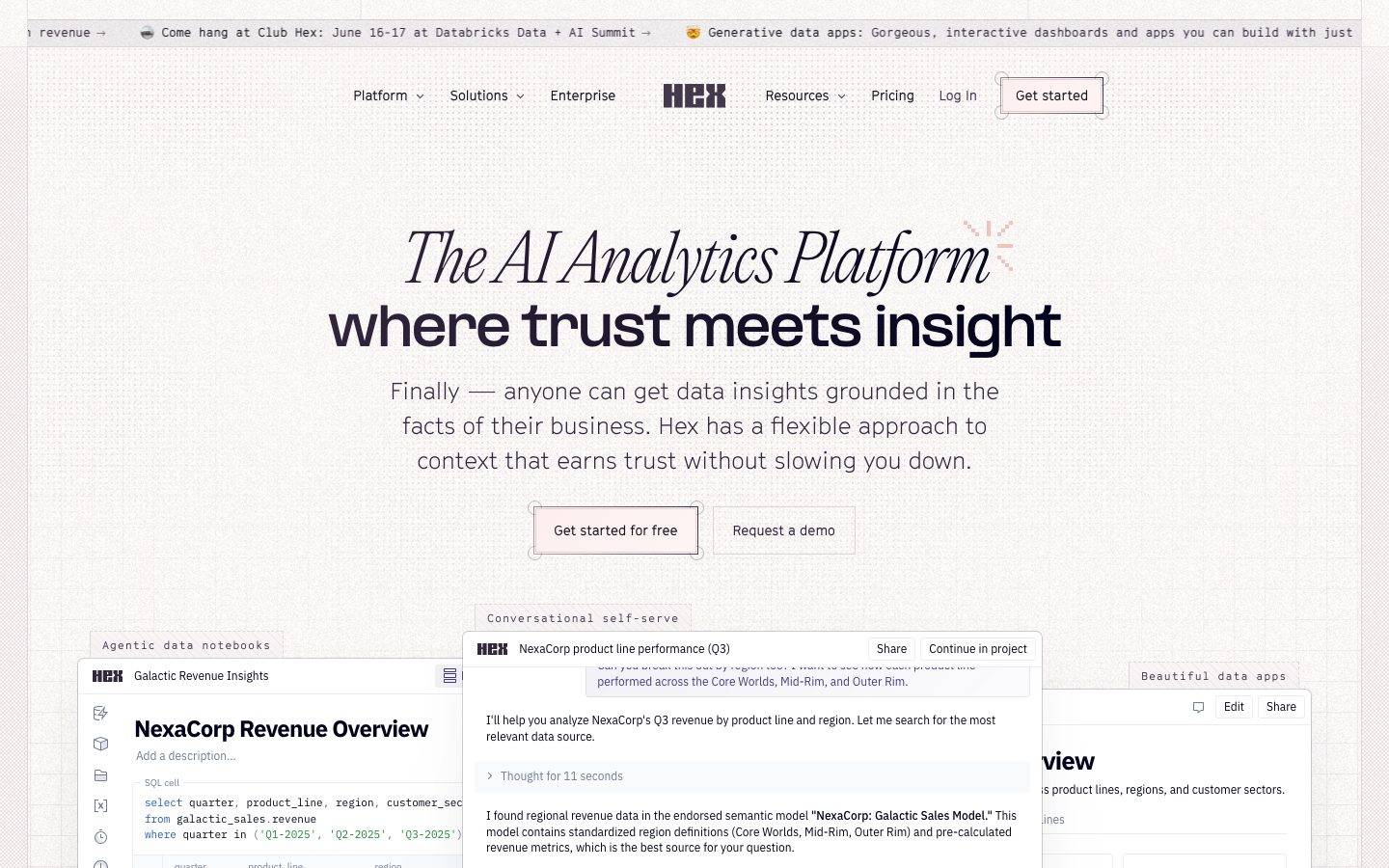 Hex homepage design, full-page screenshot