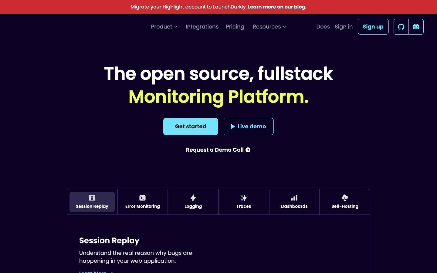 Highlight.io homepage design, full-page screenshot