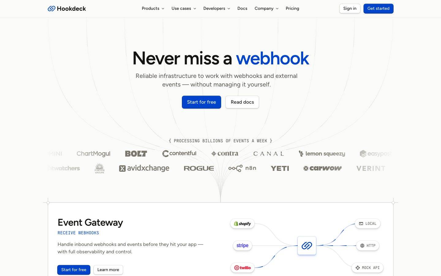 Hookdeck homepage design, full-page screenshot