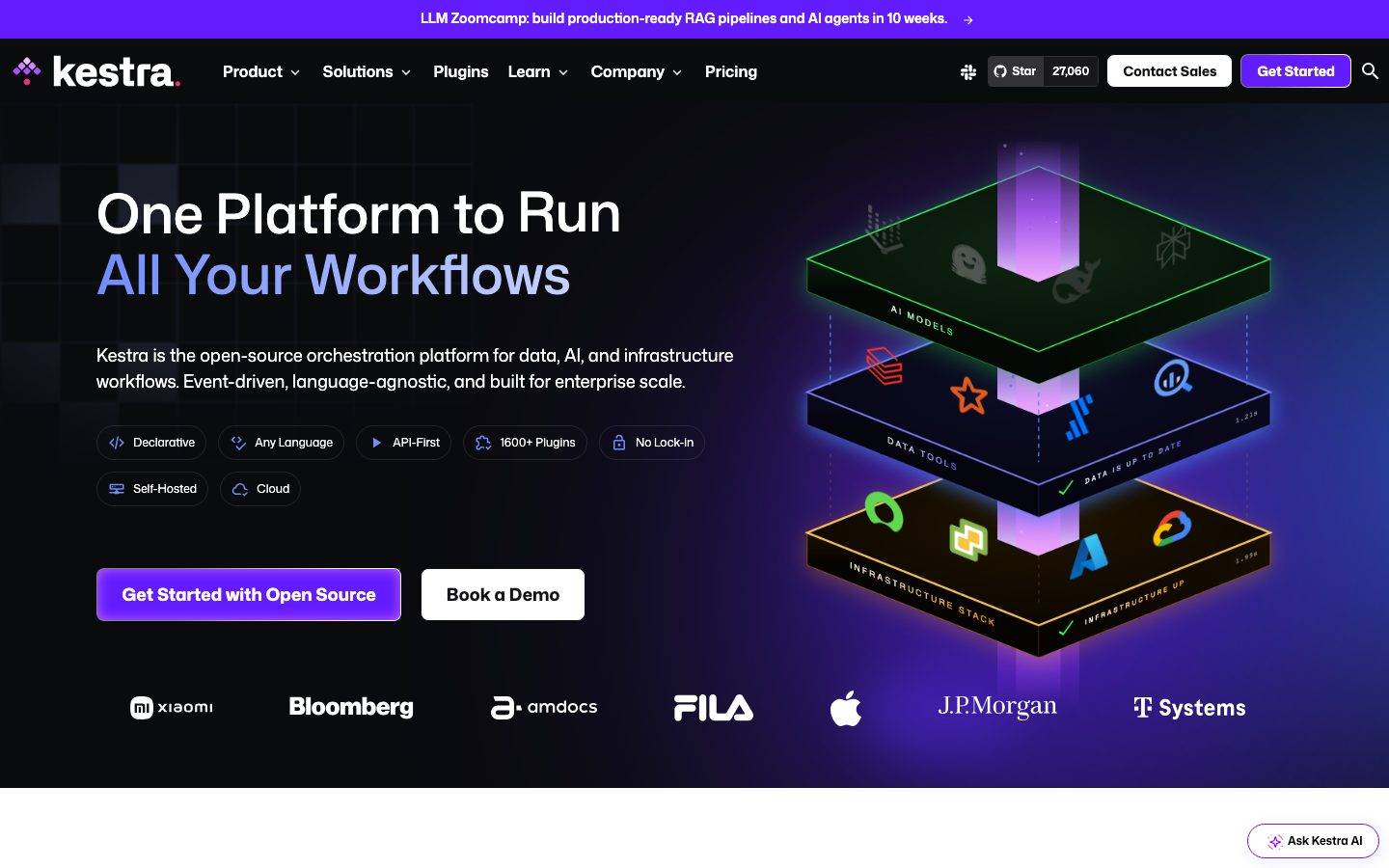 Kestra homepage design, full-page screenshot