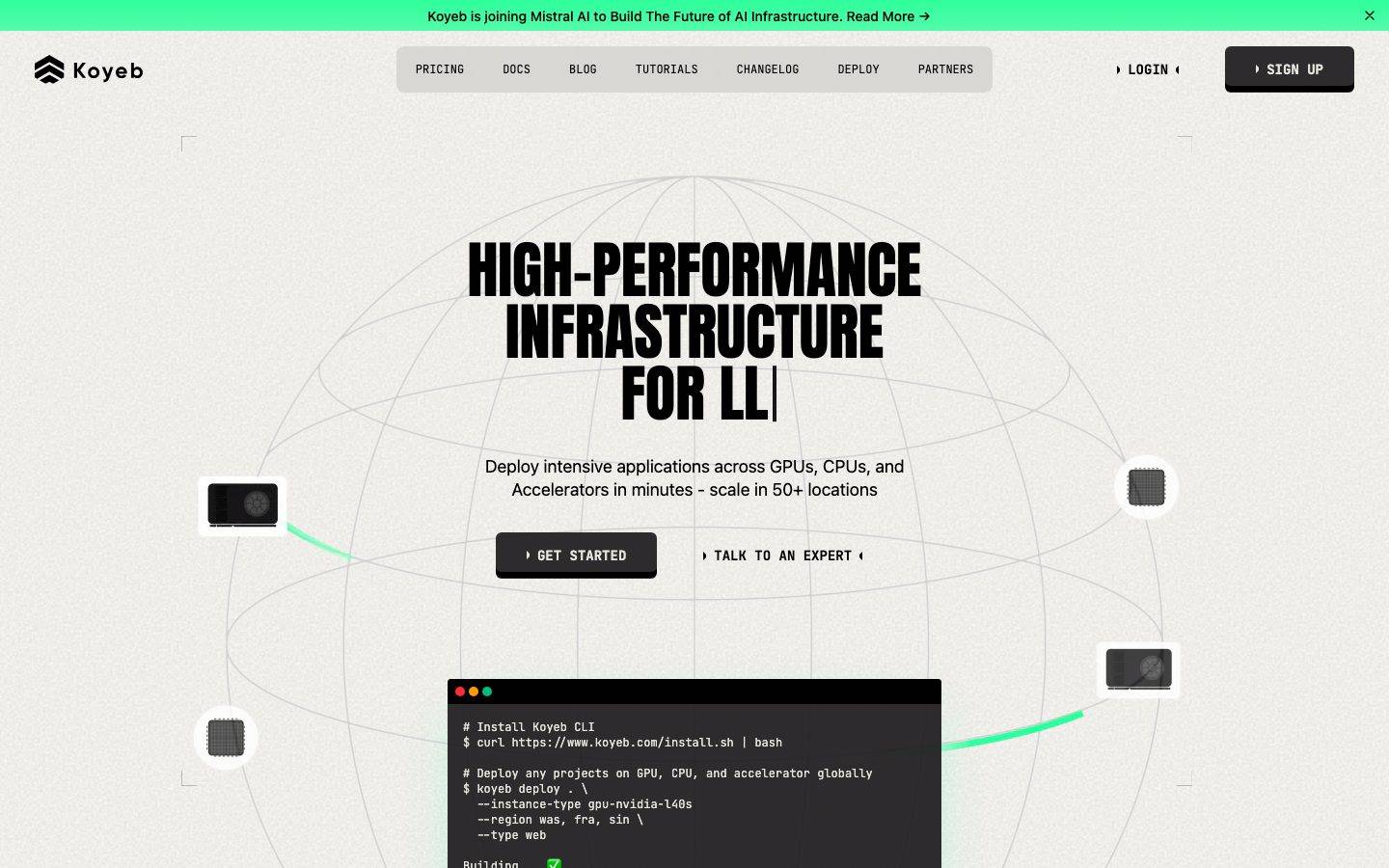 Koyeb homepage design, full-page screenshot