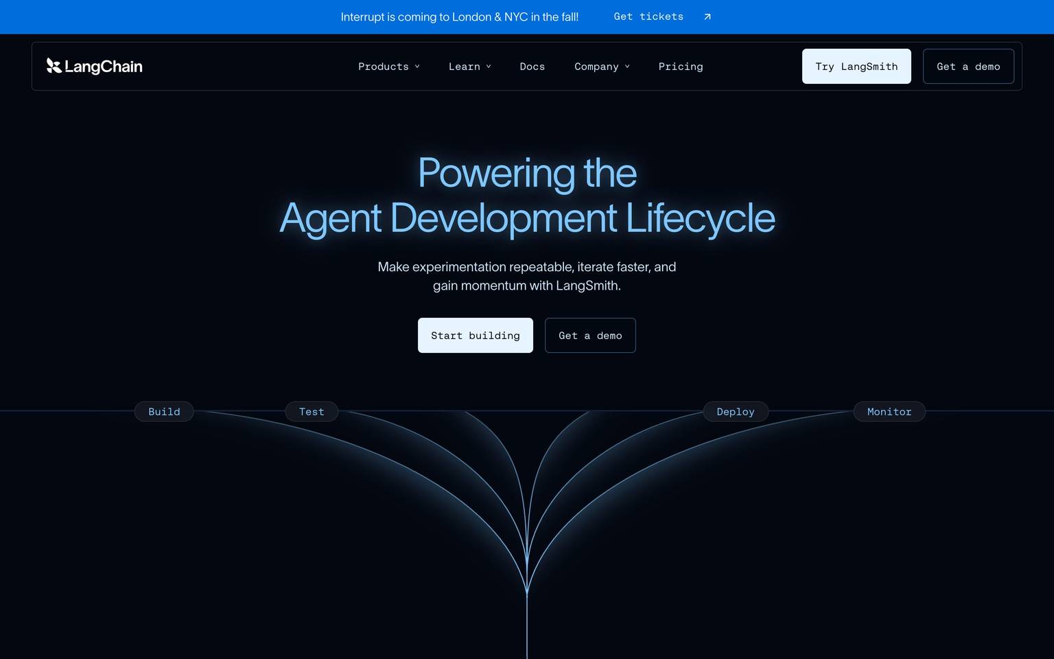 LangChain homepage design, full-page screenshot