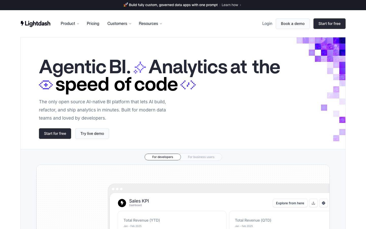 Lightdash homepage design, full-page screenshot