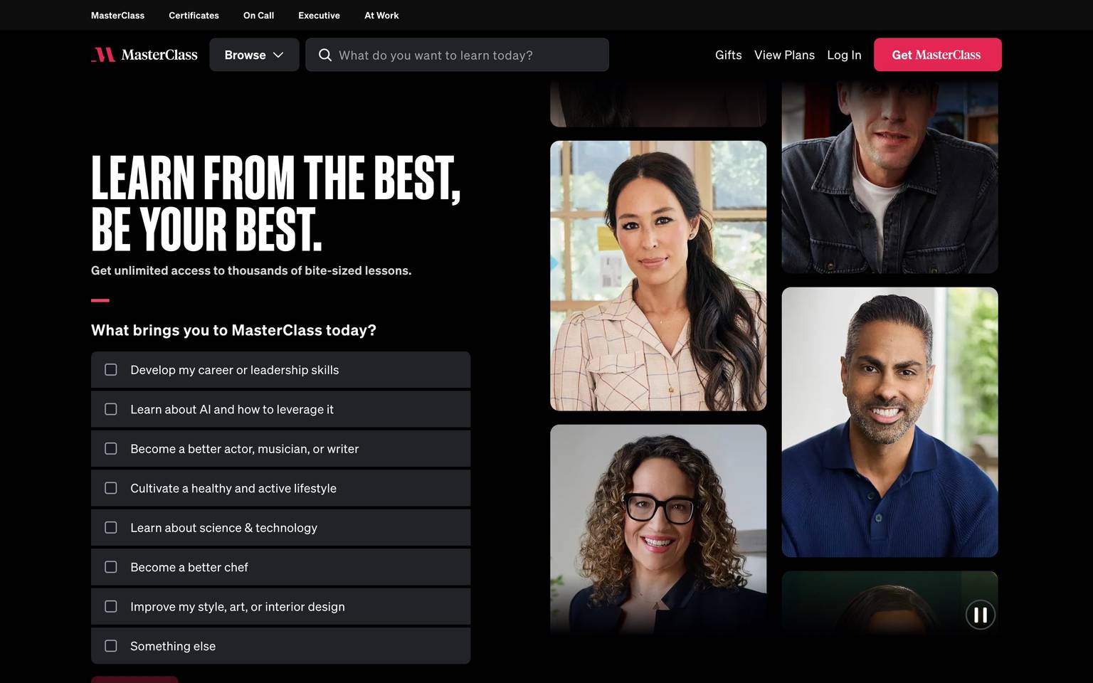 MasterClass homepage design, full-page screenshot