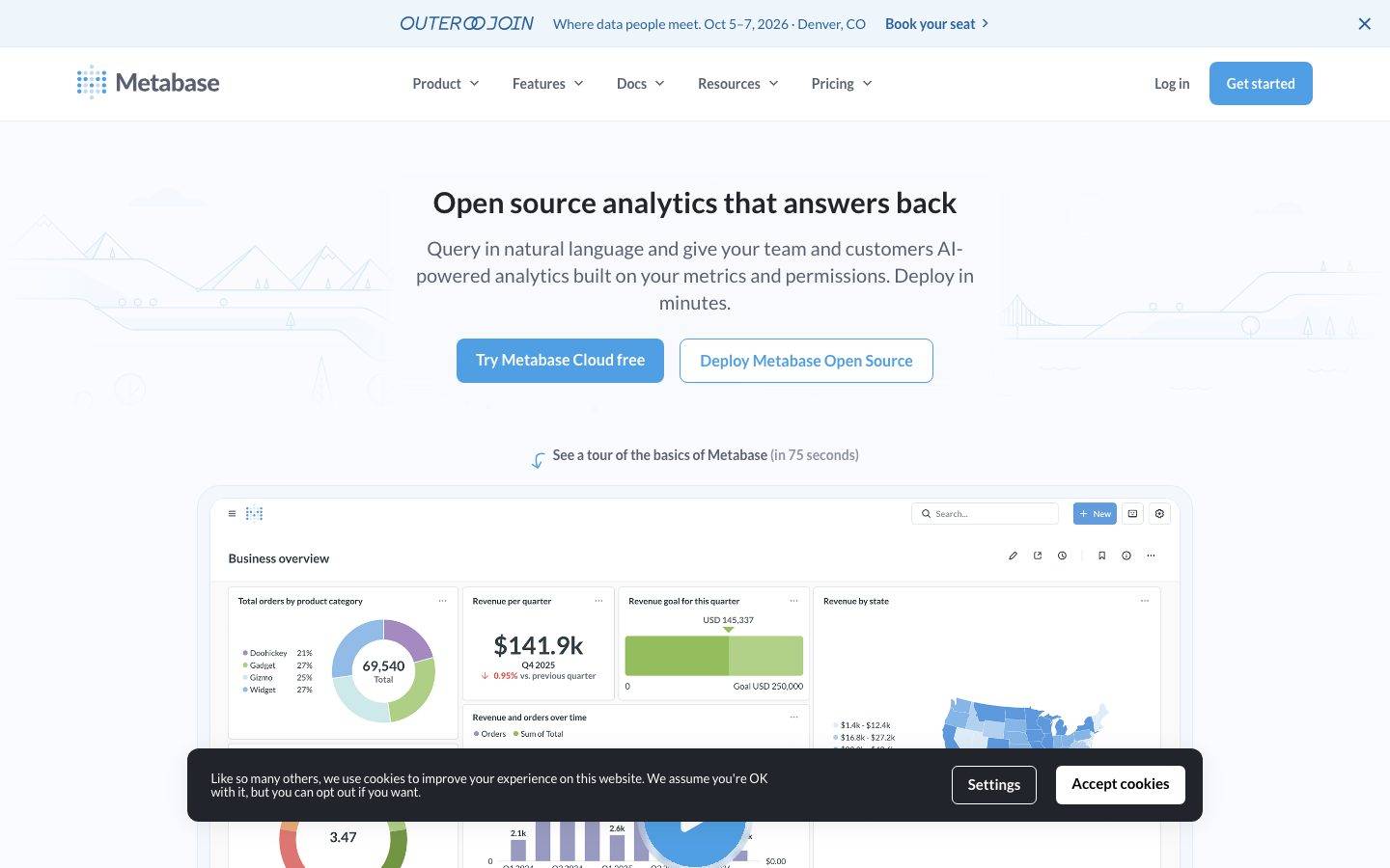 Metabase homepage design, full-page screenshot