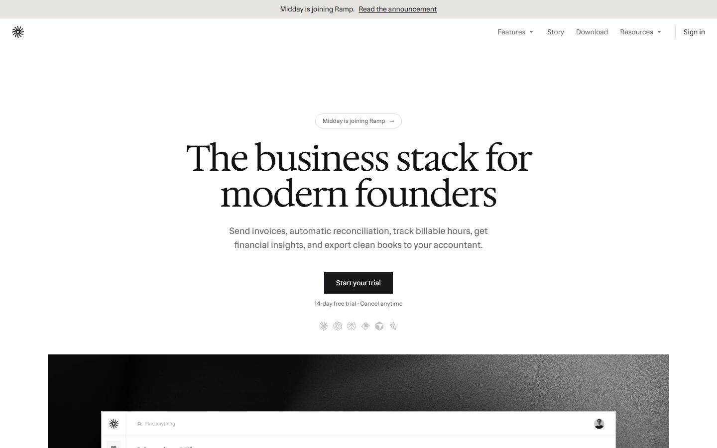 Midday homepage design, full-page screenshot