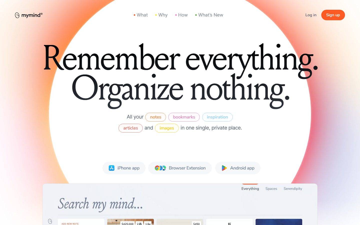 mymind homepage design, full-page screenshot