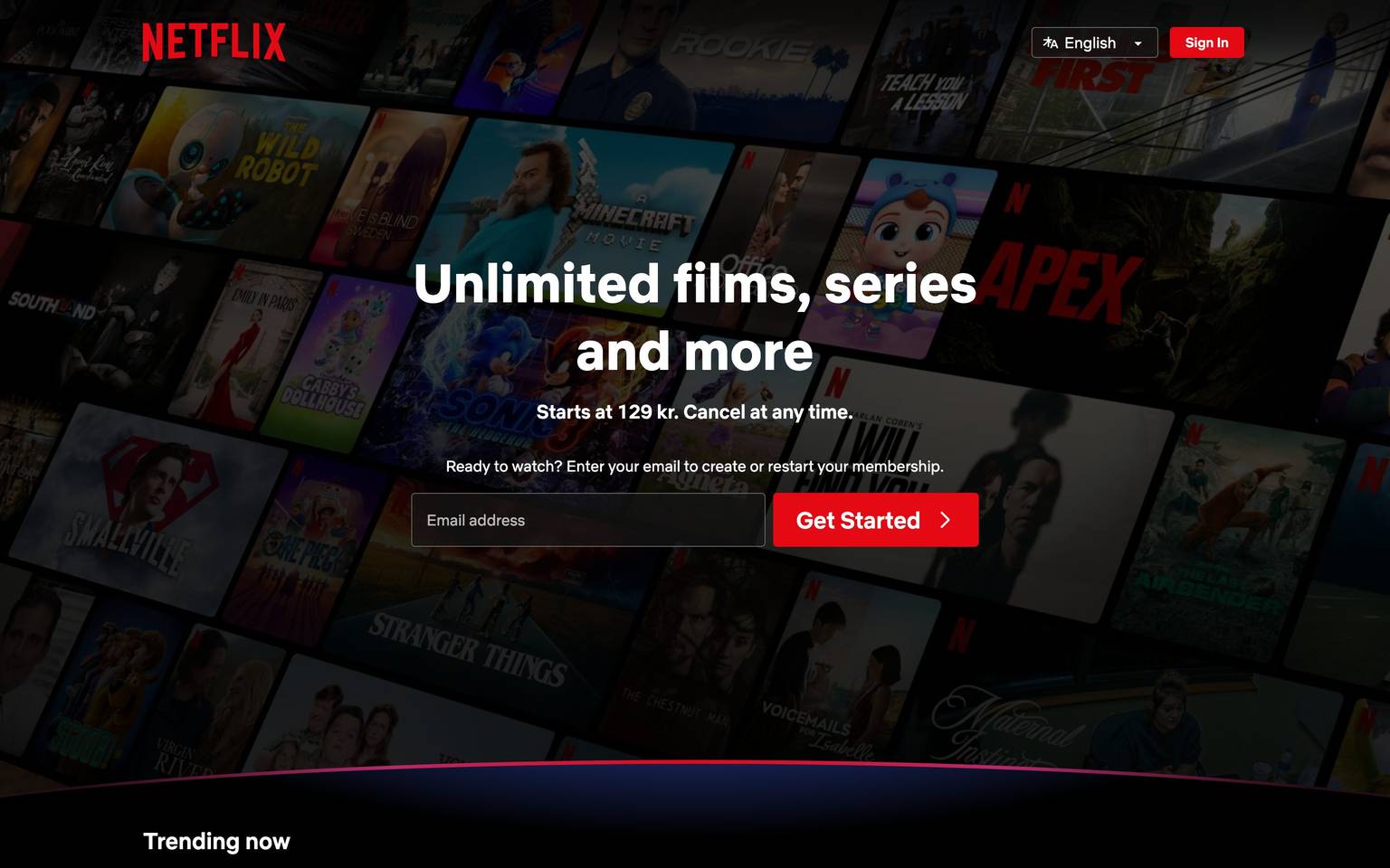 Netflix homepage design, full-page screenshot