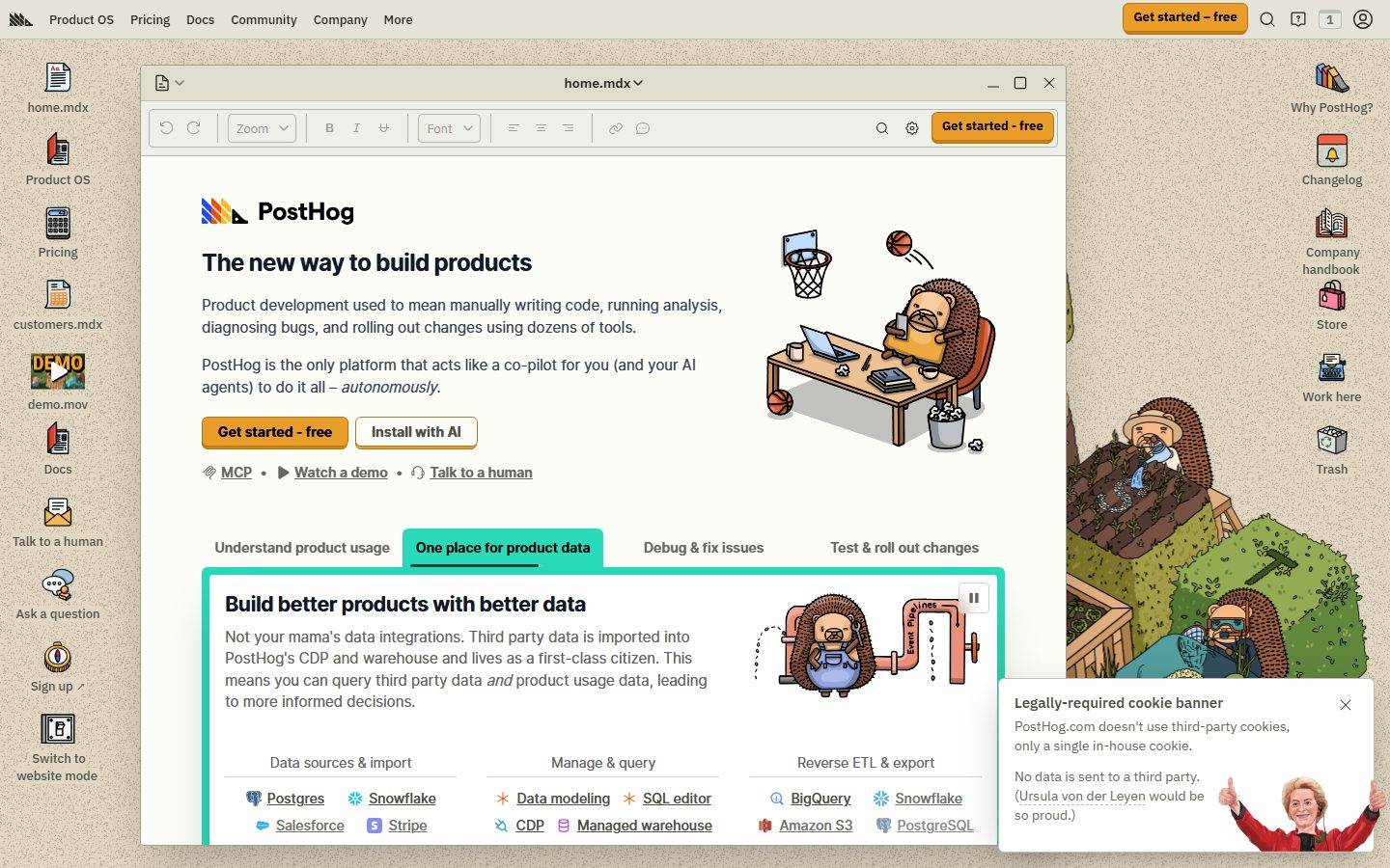PostHog homepage design, full-page screenshot