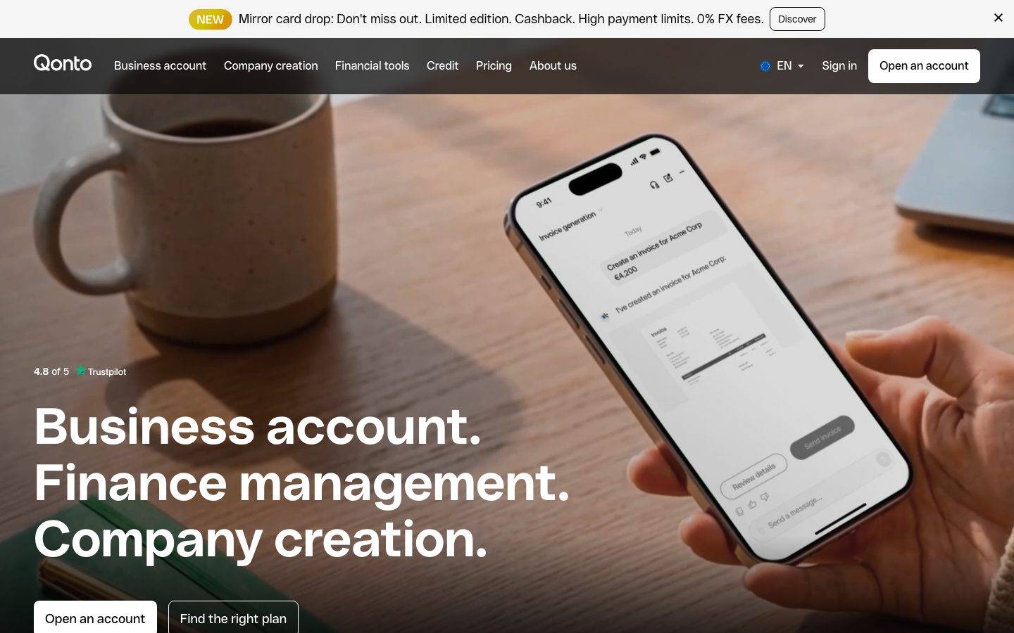 Qonto homepage design, full-page screenshot
