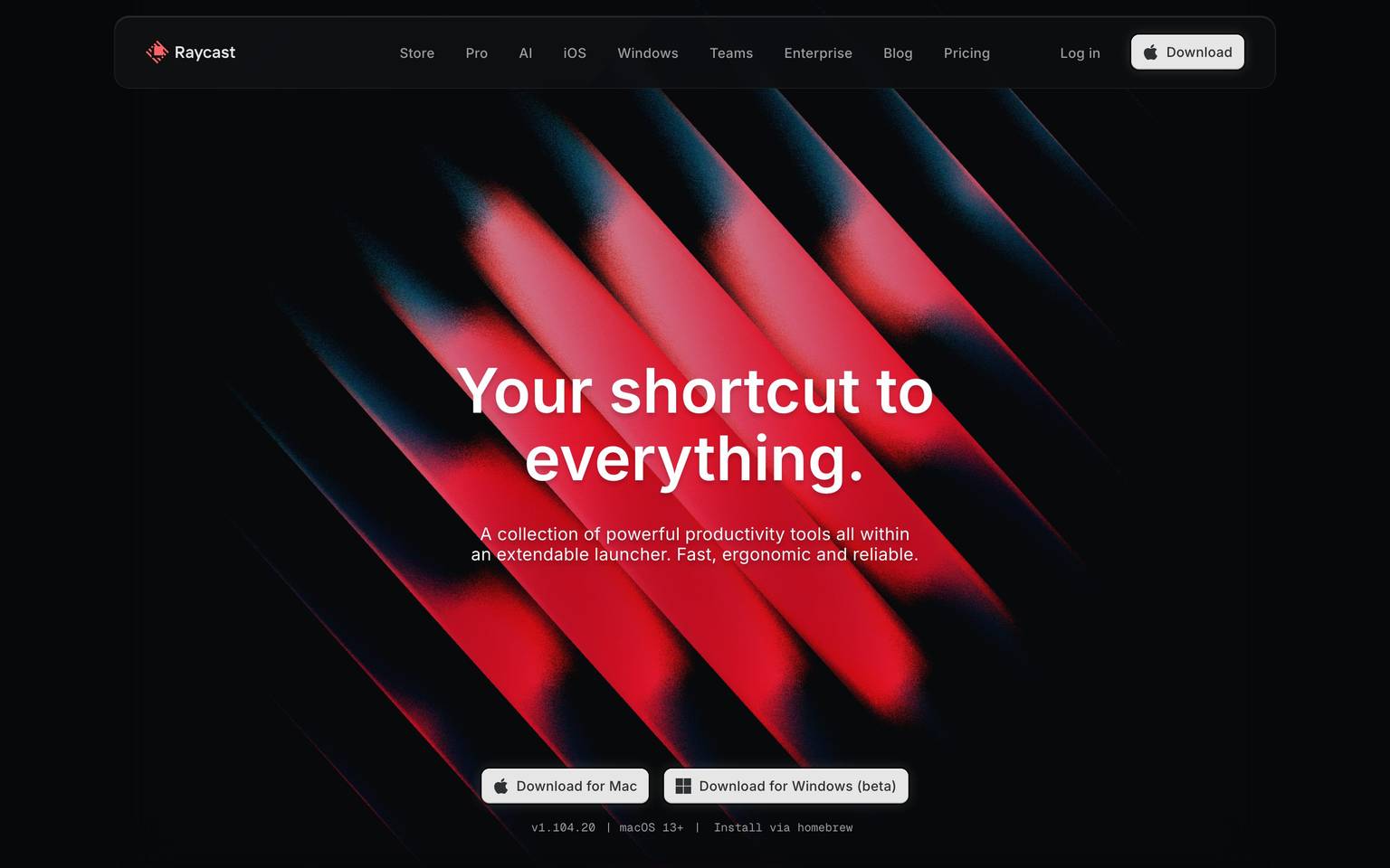 Raycast homepage design, full-page screenshot