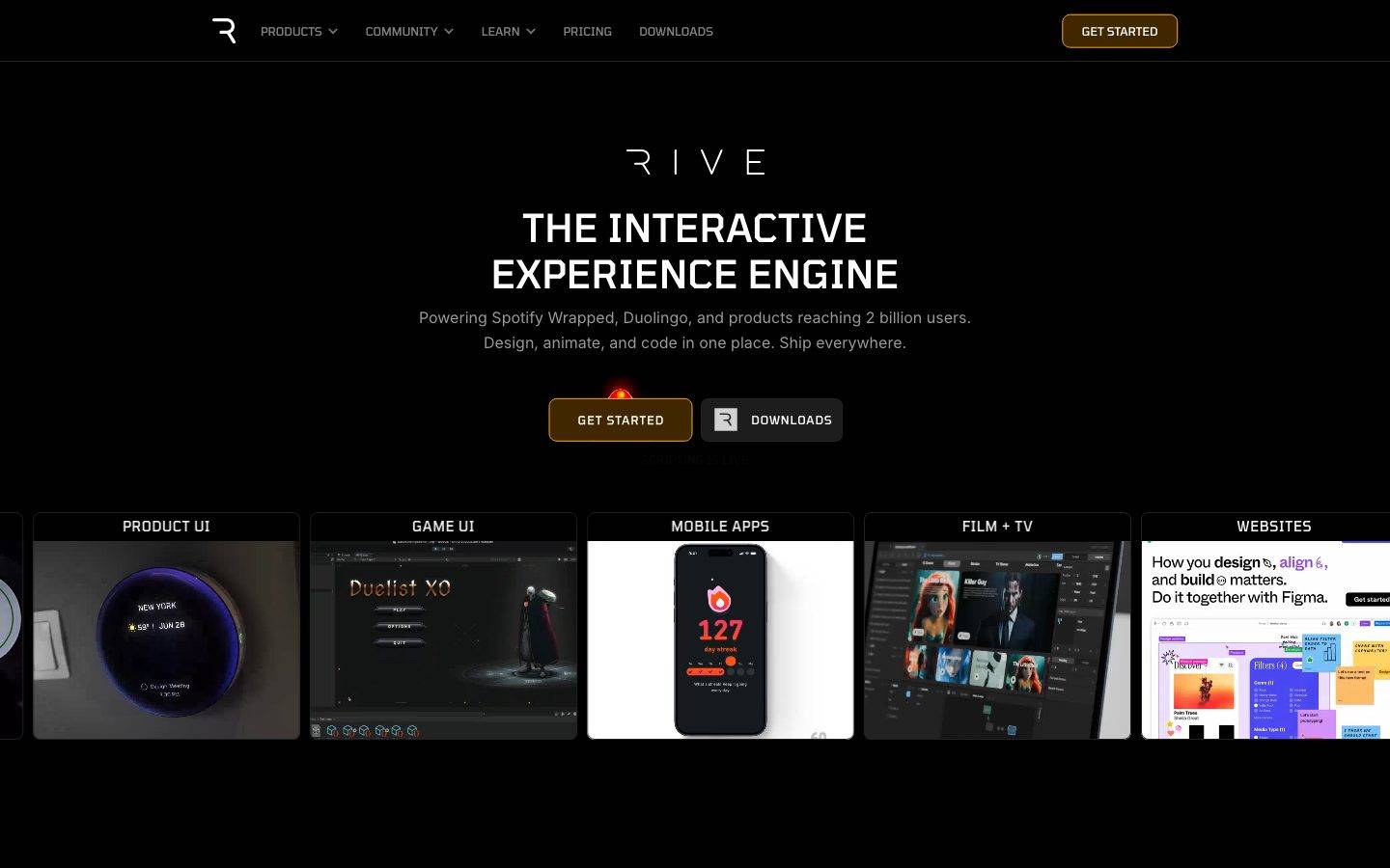 Rive homepage design, full-page screenshot