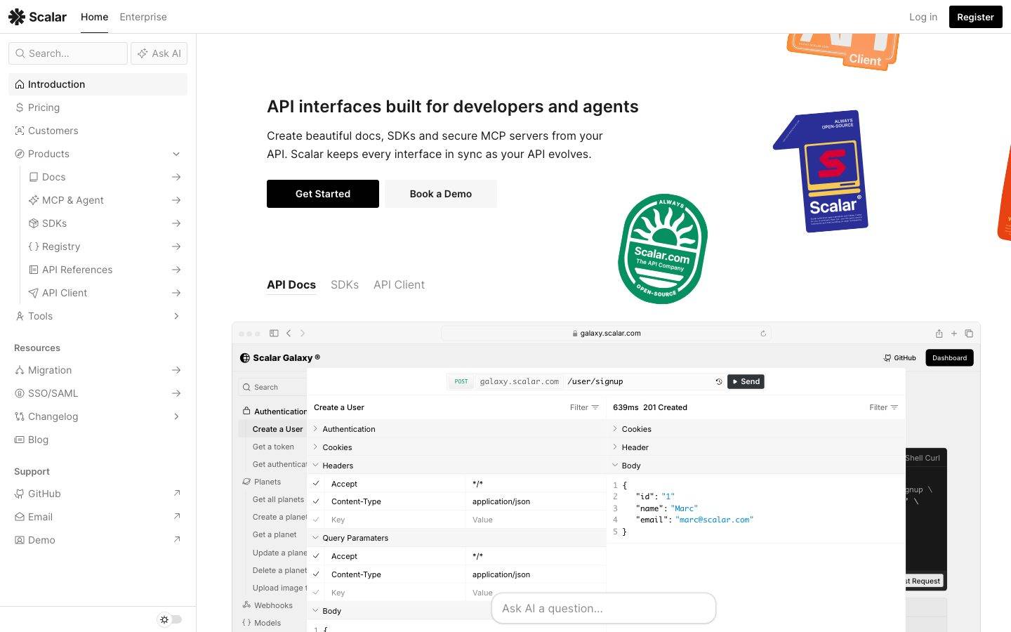 Scalar homepage design, full-page screenshot