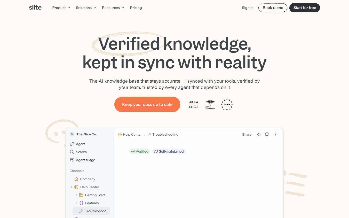 Slite homepage design, full-page screenshot