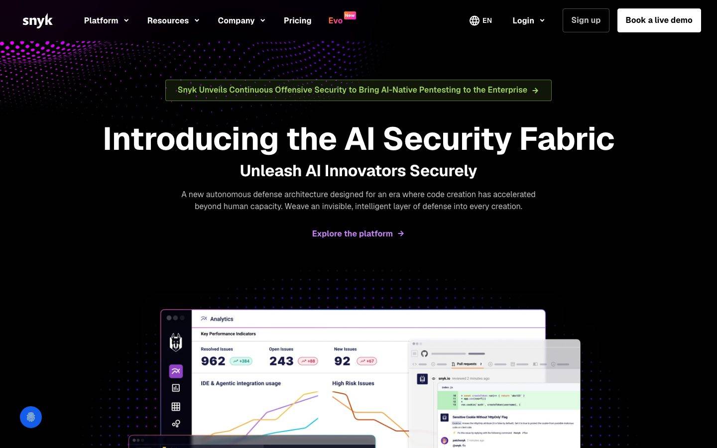 Snyk homepage design, full-page screenshot