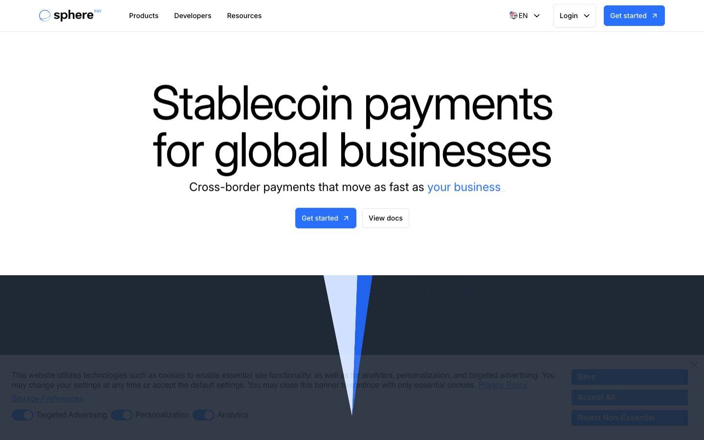 SpherePay homepage design, full-page screenshot