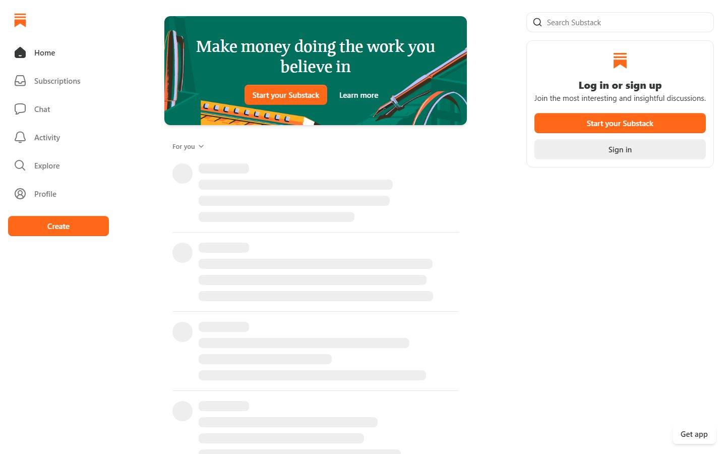 Substack homepage design, full-page screenshot