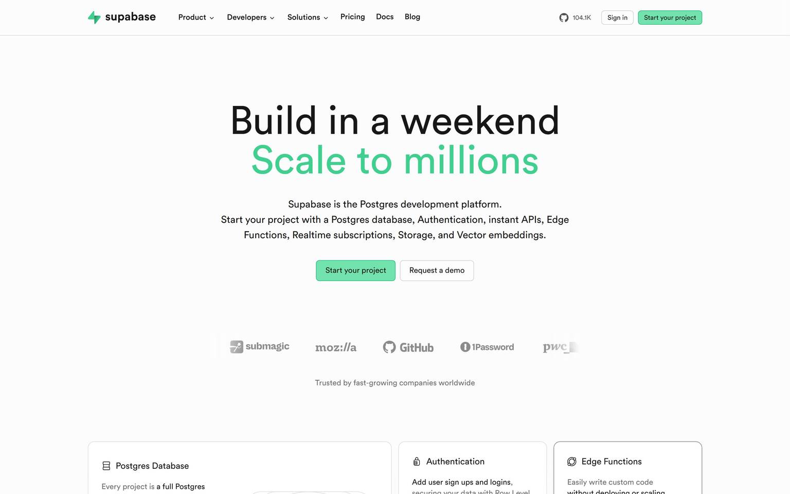 Supabase homepage design, full-page screenshot