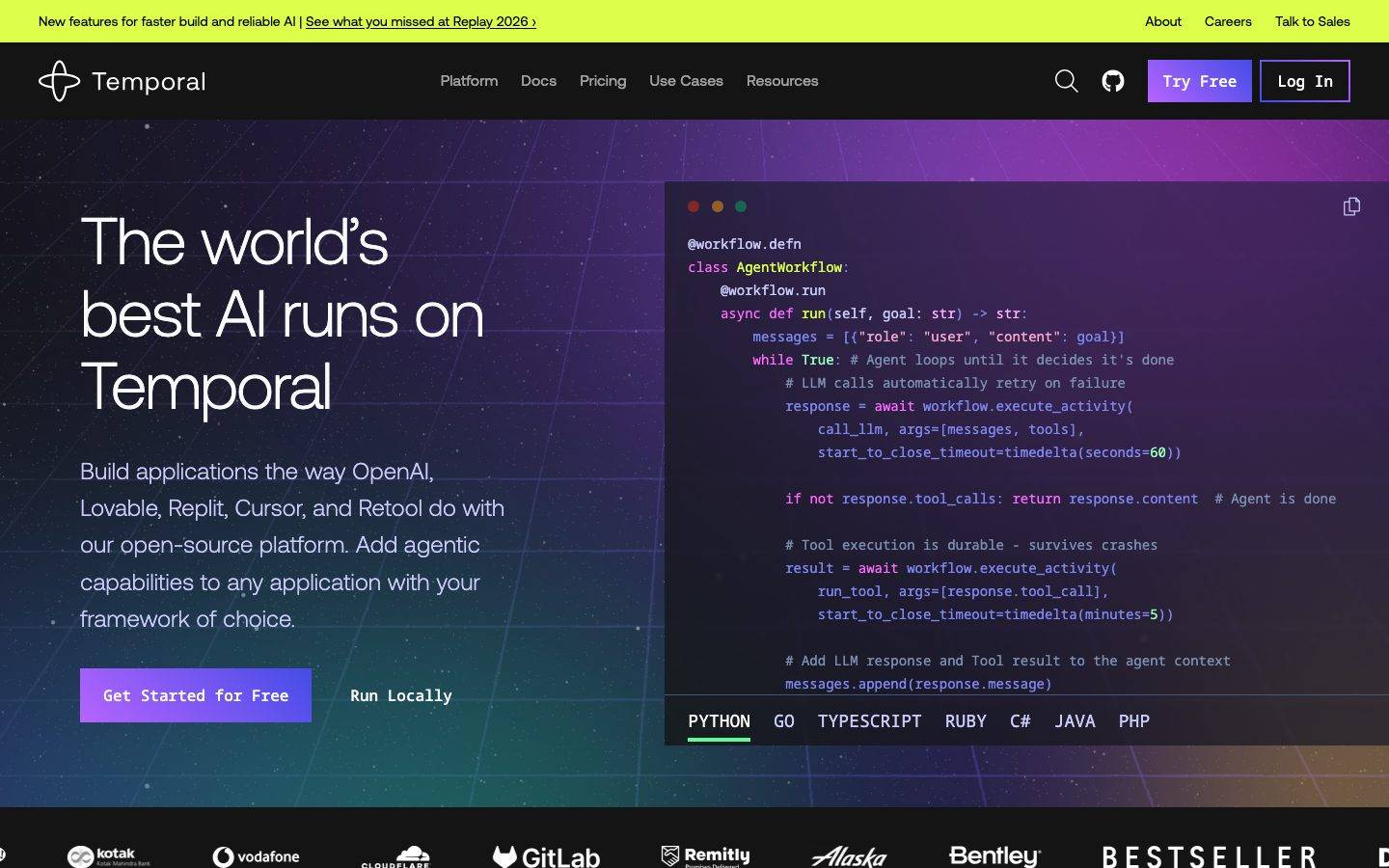Temporal homepage design, full-page screenshot