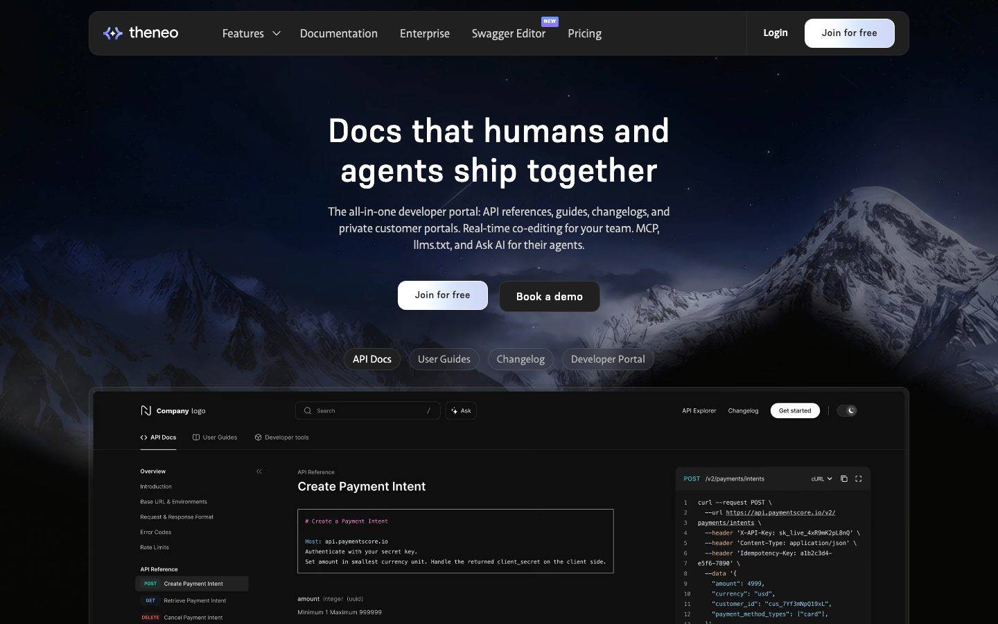 Theneo homepage design, full-page screenshot