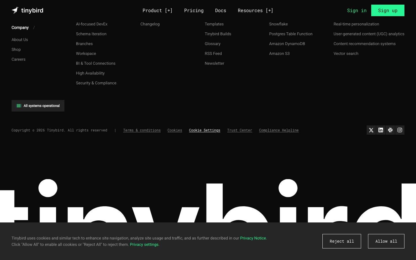 Tinybird homepage design, full-page screenshot